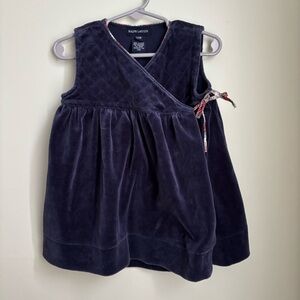 Ralph Lauren Baby Girls Size 12M Blue Velour Sleeveless Dress Wrap Tie Christmas